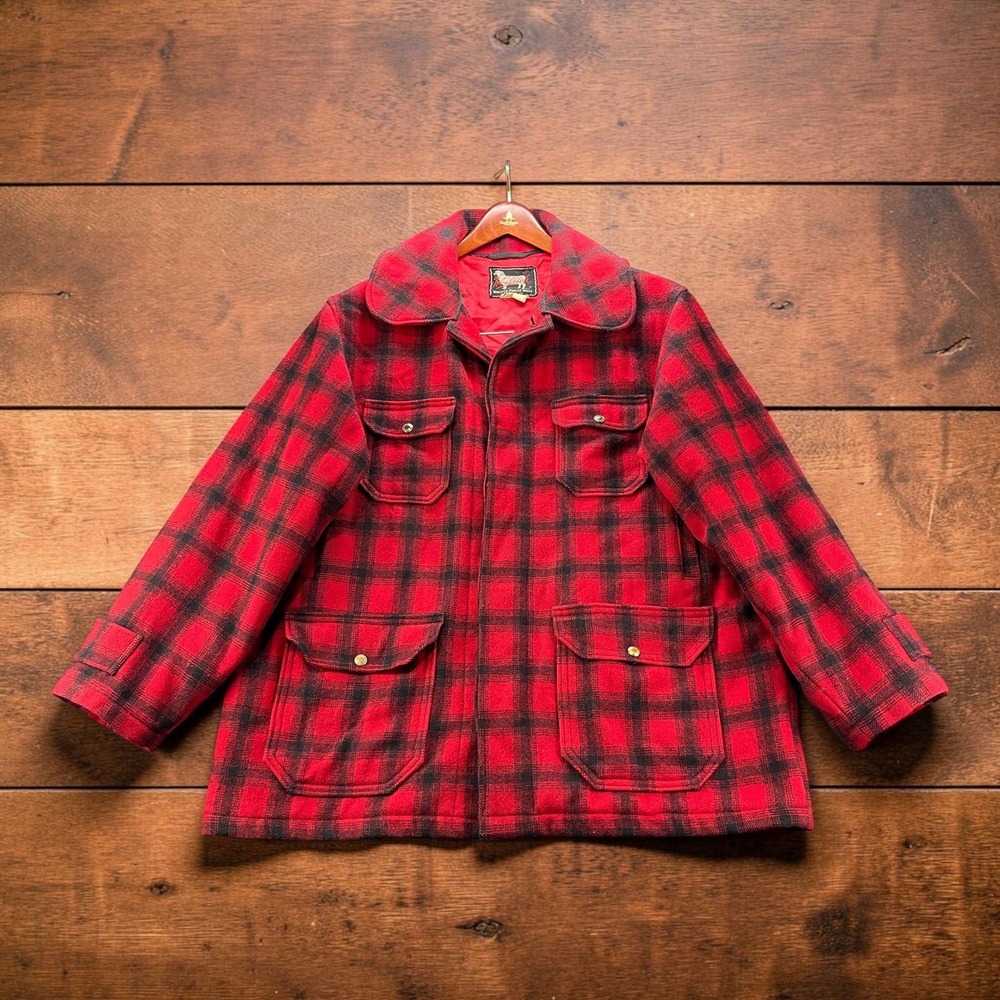 Vintage 60s Woolrich Wool Hunting Coat Red Black Shadow Plaid Mens XL Quilted